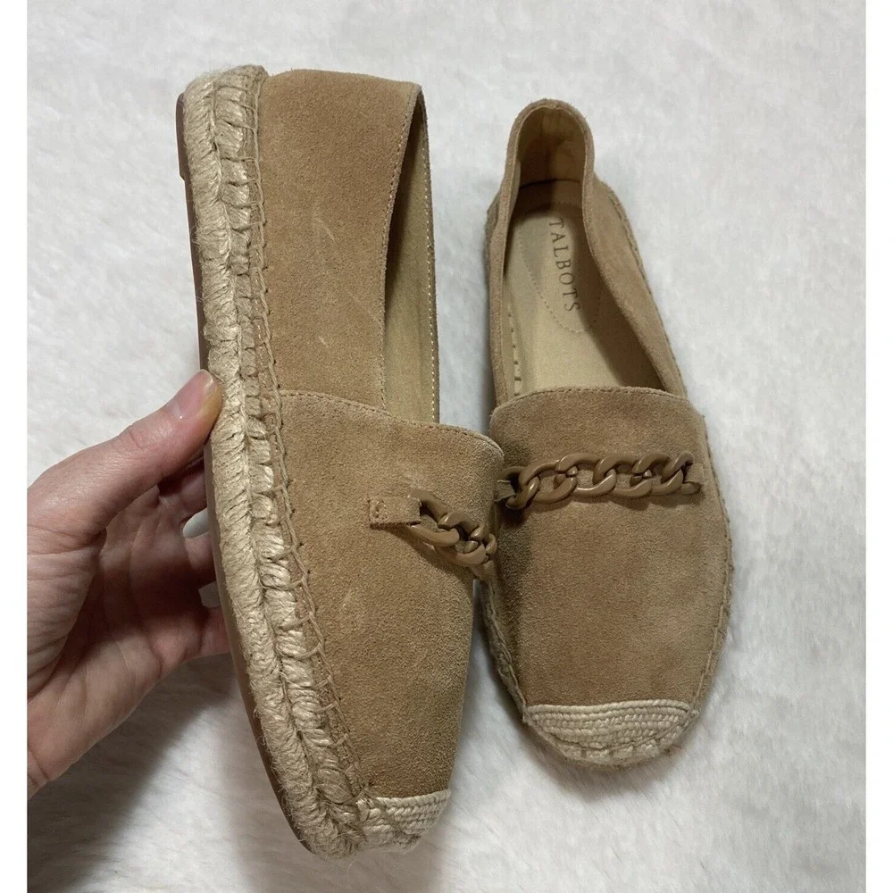 Talbots Hadley Women's 6 Tan Suede Espadrille Loafers Chain Link Detail Boho